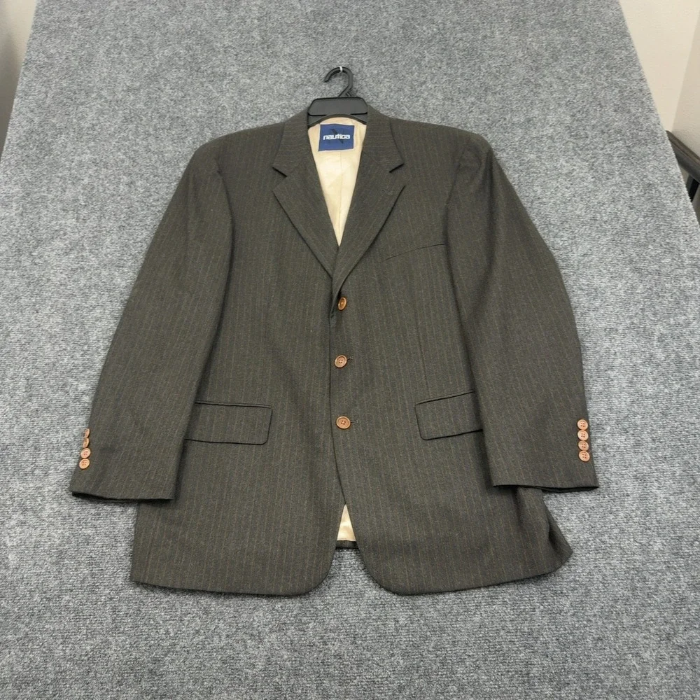 Nautica Suit Mens 44R 38W Brown Wool Pinstripe Two Piece Business Classic